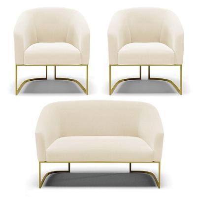 Sofá Namoradeira E 2 Poltronas Base Industrial Dourado Stella Veludo Bege D03 - D'rossi