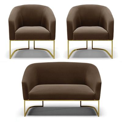 Namoradeira E 2 Poltronas Base Industrial Dourado Stella Suede D03 - D'rossi Cor Marrom