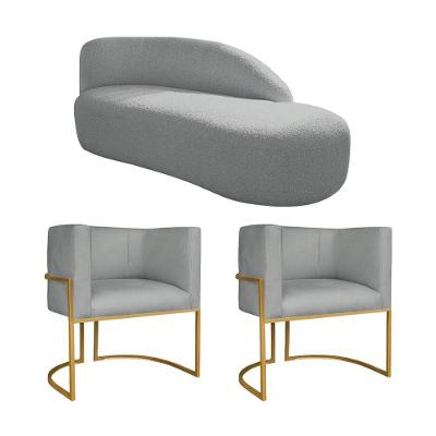 Kit Divã Luna 185cm Lado Direito E 02 Poltronas Base De Ferro Dourado Bouclé Cinza