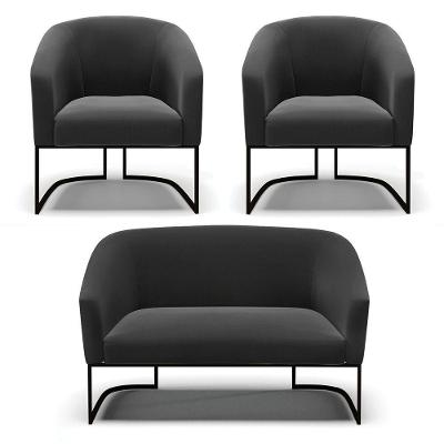 Sofá Namoradeira E 2 Poltronas Base Industrial Preto Stella Sued Preto D03 - D'rossi