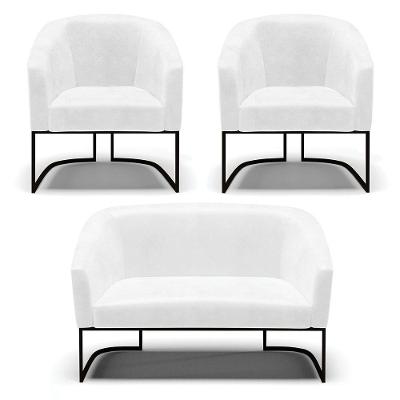 Sofá Namoradeira E 2 Poltronas Base Industrial Preto Stella Corano D03 - D'rossi Cor Branco
