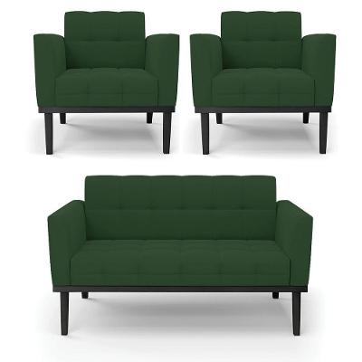 Sofá Namoradeira E 2 Poltronas Base De Madeira Preto Elisa Veludo D03 - D'rossi Cor Verde