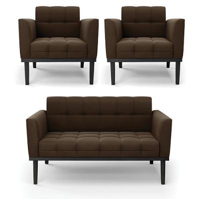 Sofá Namoradeira E 2 Poltronas Base De Madeira Preto Elisa Suede D03 - D'rossi Cor Marrom