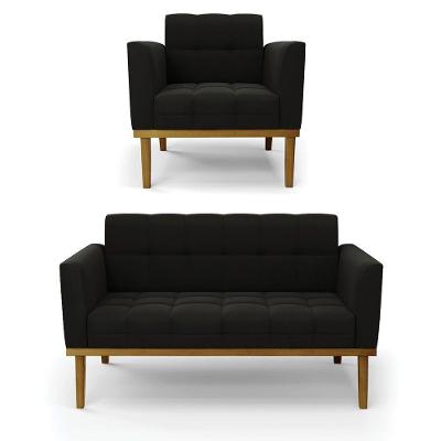 Namoradeira E Poltrona Base De Madeira Castanho Elisa Suede Preto D03 - D'rossi