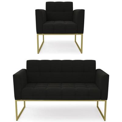 Sofá Namoradeira E 1 Poltrona Base Industrial Dourado Ana Suede Preto - Ibiza