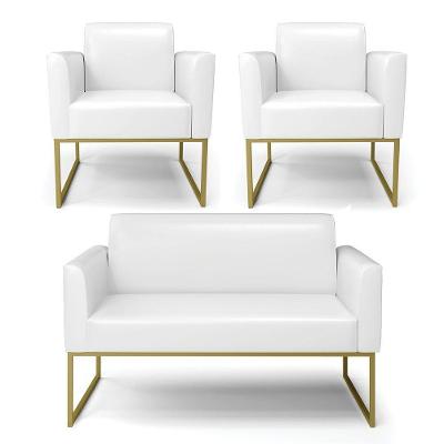 Sofá Namoradeira Com 2 Poltronas Base Industrial Dourado Marisa Corano Branco D03 - D'rossi