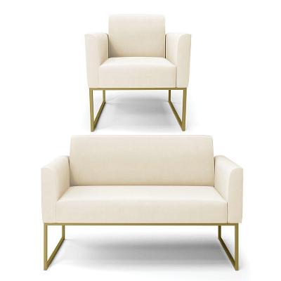 Sofá Namoradeira Com Poltrona Base Industrial Dourado Marisa Veludo Bege D03 - D'rossi