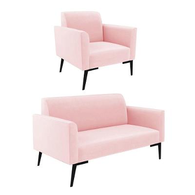 Sofá Namoradeira Com Poltrona Pés Villach Marisa Suede Rosa Bebê D03 - D'rossi