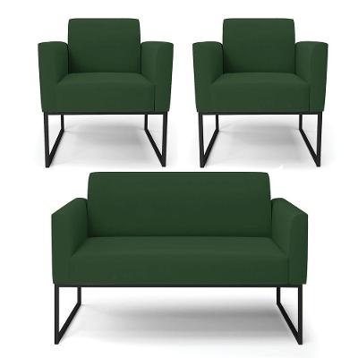 Sofá Namoradeira Com 2 Poltronas Base Industrial Preto Marisa Veludo Verde D03 - D'rossi