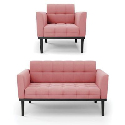 Sofá Namoradeira E Poltrona Base De Madeira Preto Elisa Suede D03 - D'rossi Cor Rose