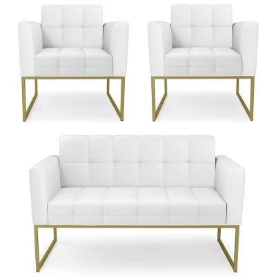 Sofá Namoradeira E 2 Poltronas Base Industrial Dourado Ana Sintético Branco