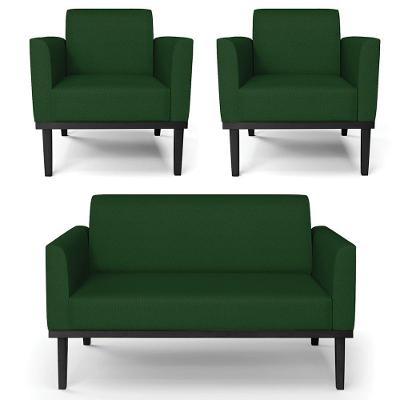 Sofá Namoradeira E 2 Poltronas Base Madeira Preto Maressa Veludo Luxo Verde