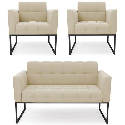 Sofá Namoradeira E 2 Poltronas Base Industrial Preto Ana Suede Bege