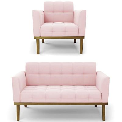 Sofá Namoradeira E 1 Poltrona Base Madeira Castanho Ana Suede Rosa Bebê