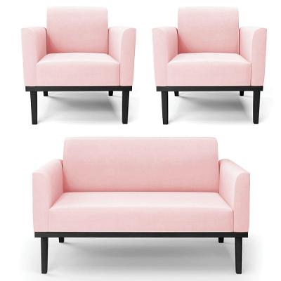 Sofá Namoradeira E 2 Poltronas Base Madeira Preto Maressa Suede Rosa Bebê
