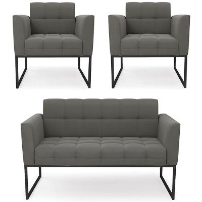 Sofá Namoradeira E 2 Poltronas Base Industrial Preto Ana Suede Grafite