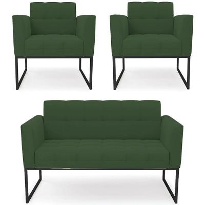 Sofá Namoradeira E 2 Poltronas Base Industrial Preto Ana Veludo Verde