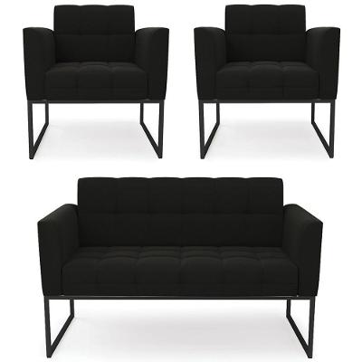 Sofá Namoradeira E 2 Poltronas Base Industrial Preto Ana Suede Preto