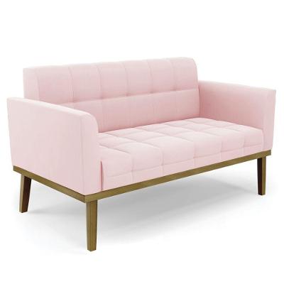 Sofá Namoradeira Base Madeira Castanho Ana Suede Rosa Bebê