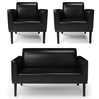Sofá Namoradeira E 2 Poltronas Base Madeira Preto Maressa Sintético Pu Preto - Ibiza
