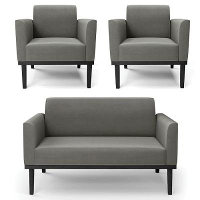 Sofá Namoradeira E 2 Poltronas Base Madeira Preto Maressa Suede Grafite