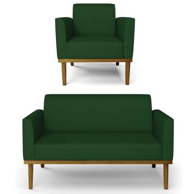 Sofá Namoradeira E 1 Poltrona Base Madeira Castanho Maressa Veludo Luxo Verde