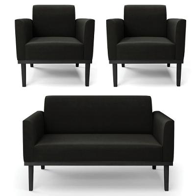Sofá Namoradeira E 2 Poltronas Base Madeira Preto Maressa Suede Preto