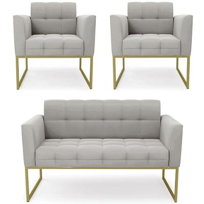 Sofá Namoradeira E 2 Poltronas Base Industrial Dourado Ana Veludo Cinza