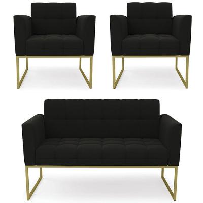 Sofá Namoradeira E 2 Poltronas Base Industrial Dourado Ana Suede Preto