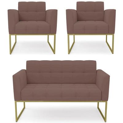 Sofá Namoradeira E 2 Poltronas Base Industrial Dourado Ana Veludo Rosê