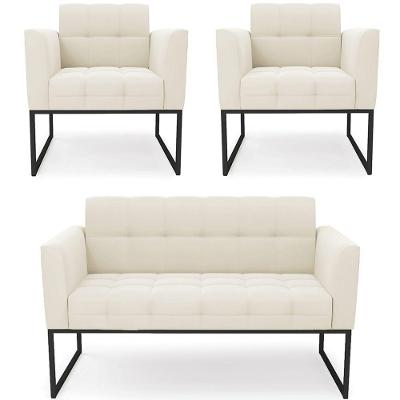 Sofá Namoradeira E 2 Poltronas Base Industrial Preto Ana Veludo Bege