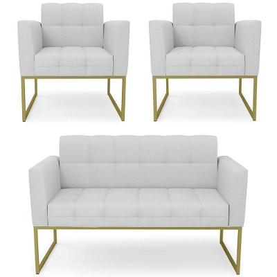 Sofá Namoradeira E 2 Poltronas Base Industrial Dourado Ana Linho Cinza