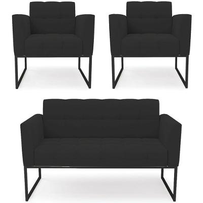 Sofá Namoradeira E 2 Poltronas Base Industrial Preto Ana Veludo Preto