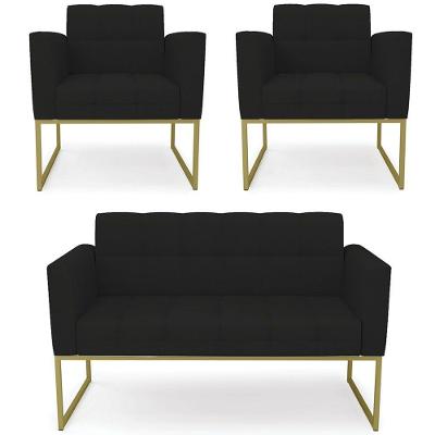 Sofá Namoradeira E 2 Poltronas Base Industrial Dourado Ana Linho Preto