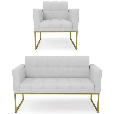 Sofá Namoradeira E 1 Poltrona Base Industrial Dourado Ana Linho Cinza