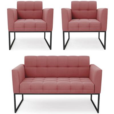 Sofá Namoradeira E 2 Poltronas Base Industrial Preto Ana Suede Rosê
