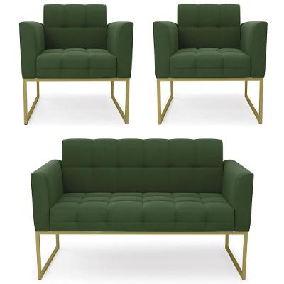 Sofá Namoradeira E 2 Poltronas Base Industrial Dourado Ana Suede Verde