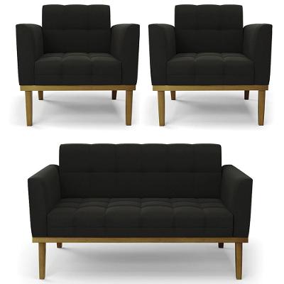Sofá Namoradeira E 2 Poltronas Base Madeira Castanho Ana Suede Preto