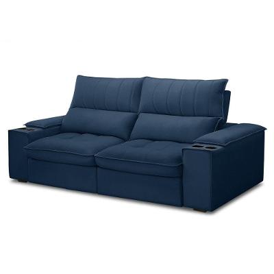 Sofá Retrátil 3 Lugares Com Porta Copo 210cm Andes F05 Veludo Azul