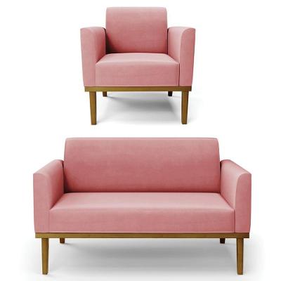Sofá Namoradeira E 1 Poltrona Base Madeira Castanho Maressa Suede Rosê