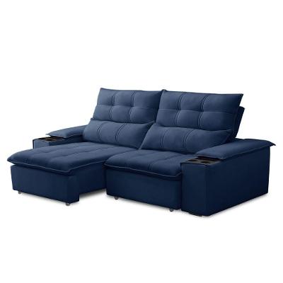 Sofá Retrátil 3 Lugares Com Porta Copo 210cm Malta F05 Veludo Azul