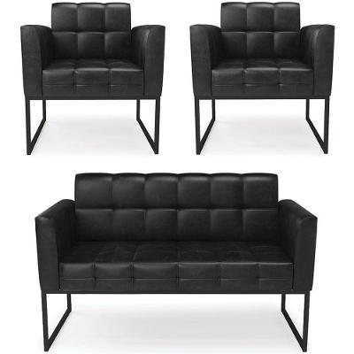 Sofá Namoradeira E 2 Poltronas Base Industrial Preto Ana Sintético Pu Preto