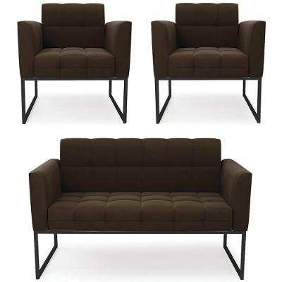 Sofá Namoradeira E 2 Poltronas Base Industrial Preto Ana Suede Marrom