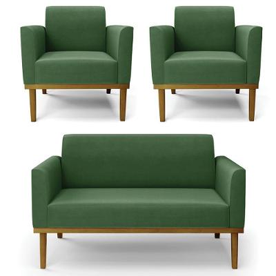 Sofá Namoradeira E 2 Poltronas Base Madeira Castanho Maressa Suede Verde