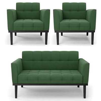 Sofá Namoradeira E 2 Poltronas Base Madeira Preto Ana Suede Verde