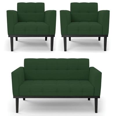 Sofá Namoradeira E 2 Poltronas Base Madeira Preto Ana Veludo Verde