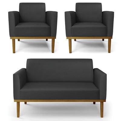Sofá Namoradeira E 2 Poltronas Base Madeira Castanho Maressa Sintético Preto