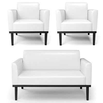Sofá Namoradeira E 2 Poltronas Base Madeira Preto Maressa Sintético Pu Branco