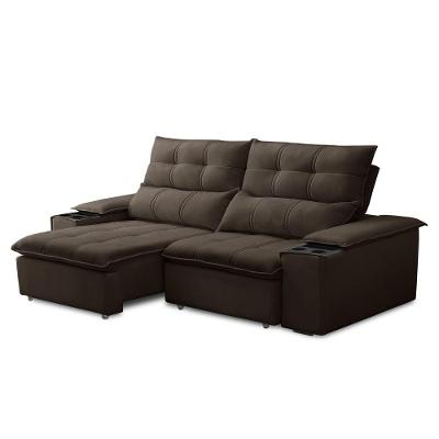 Sofá Retrátil 3 Lugares Com Porta Copo 210cm Malta F05 Veludo Marrom Escuro