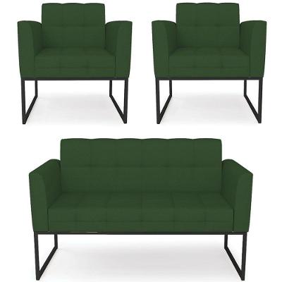 Sofá Namoradeira E 2 Poltronas Base Industrial Preto Ana Veludo Luxo Verde